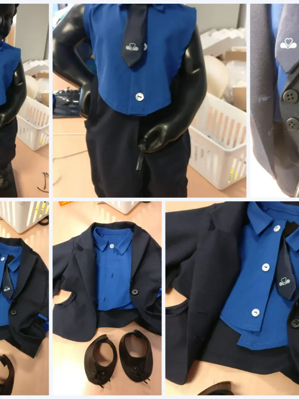 Blouson noir en simili-cuir matelassé aux manches en fausse fourrure grise, suspendu à un cintre.